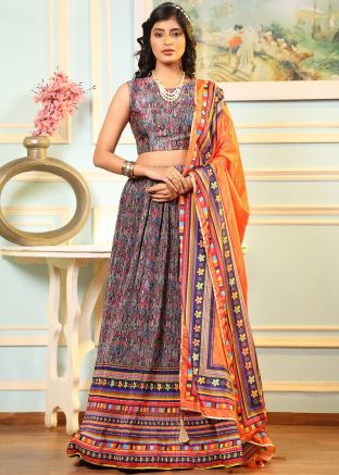Multicolored Satin Digital Printed Lehenga Choli
