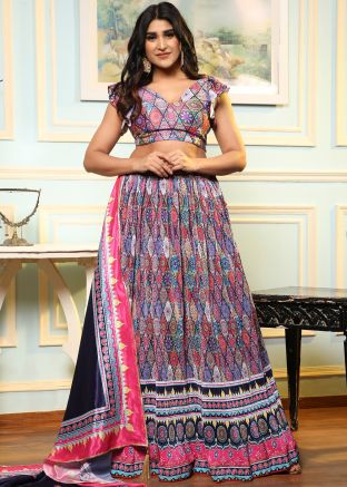 Multicolor Digital Print Satin Lehenga Choli