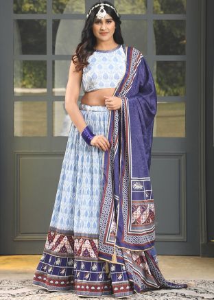 Blue Satin Lehenga Choli In Digital Print