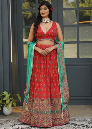 Red Satin Lehenga Choli In Digital Print