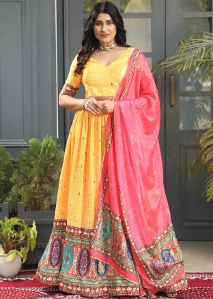 Yellow Digital Print Lehenga Choli In Satin