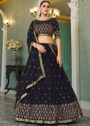 Navy Blue Embroidered Georgette Lehenga Choli