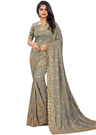 Grey Art Silk Heavy Border Embroidered Saree