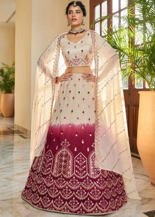 Shaded Beige & Maroon Embroidered Lehenga Choli