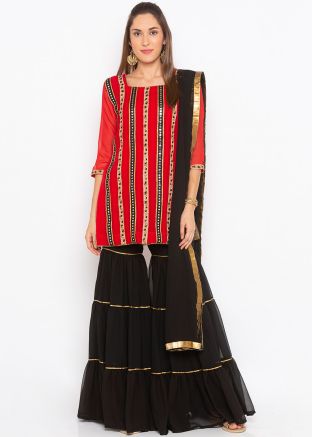 Readymade Red Georgette Embroidered Gharara Suit