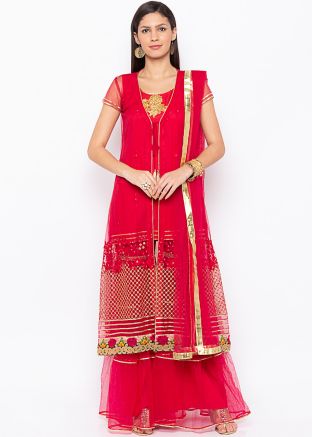 Readymade Red Embroidered Net Gharara Suit