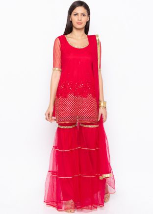 Readymade Red Embroidered Net Gharara Suit
