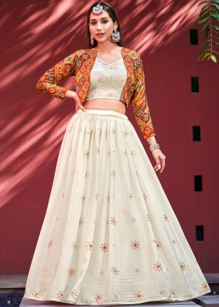 Off White Embroidered Jacket Style Lehenga Choli