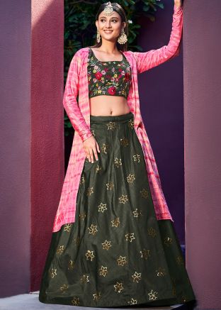 Green Sequins Embroidered Jacket Style Lehenga Choli