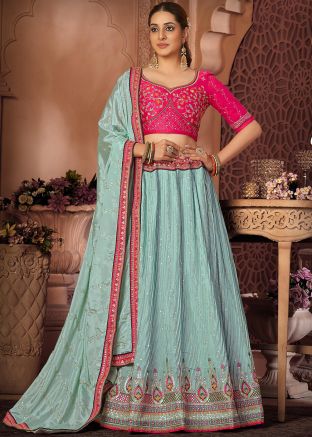 Blue Embroidered Lehenga Choli In Chiffon