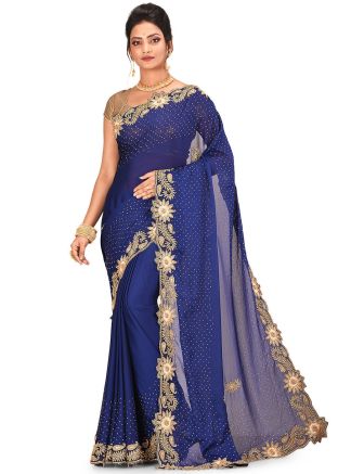 Blue Stone Embellished Heavy Border Saree With Blouse