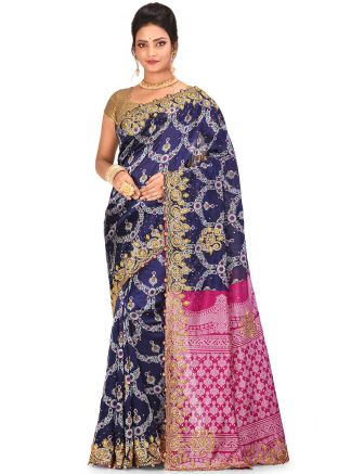 Navy Blue Heavy Border Kanjivaram Silk Woven Saree