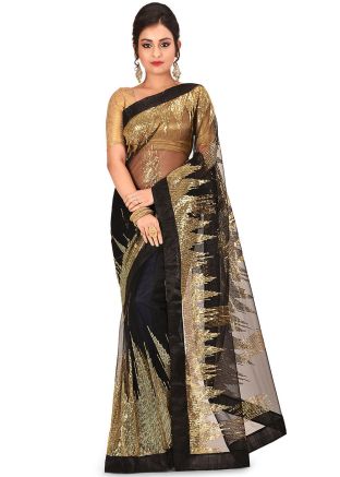 Black Sequins Embellished Heavy Border Net Saree
