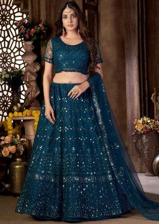 Blue Embroidered Net Lehenga Choli & Dupatta