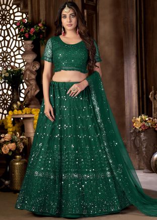 Green Net Embroidered Lehenga Choli