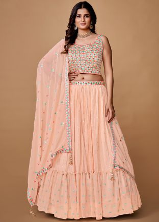 Peach Embroidered Tiered Lehenga Choli In Georgette