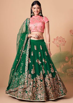 Green Embroidered Lehenga Choli In Net