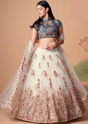 Off White Zari Embroidered Net Lehenga Choli