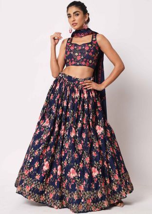 Blue Embroidered Lehenga Choli In Art Silk