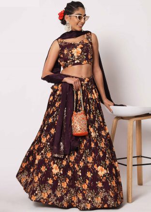 Maroon Printed Art Silk Lehenga Choli