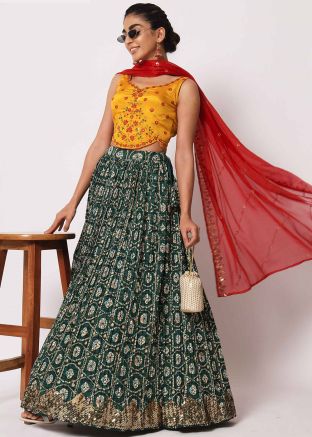 Green Contemporary Art Silk Lehenga Choli