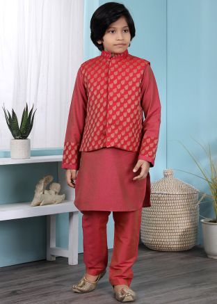 Red Kids Readymade Kurta Pajama With Jacket