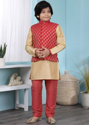 Cream Readymade Kids Kurta Pyjama With Jacket
