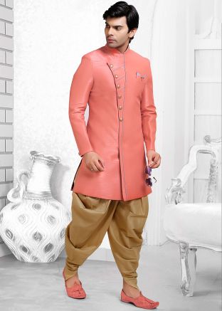 Peach Readymade Art Silk Indo Western Sherwani