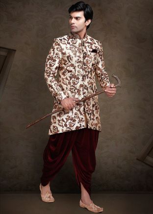Cream Readymade Art Silk Indo Western Sherwani
