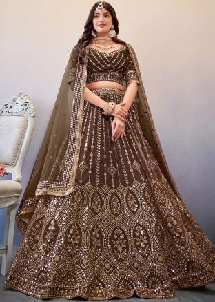 Brown Embroidered Net Lehenga Choli