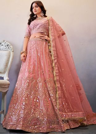 Peach Net Embroidered Lehenga Choli