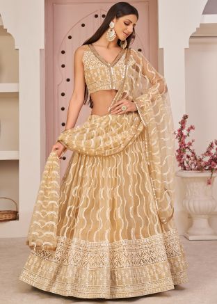 Beige Embroidered Net Lehenga Choli