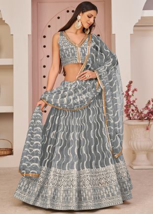 Grey Net Sequins Embellished Lehenga Choli