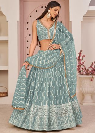 Blue Embroidered Lehenga choli In Net