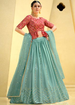 Readymade Blue Embroidered Lehenga Choli In Chiffon