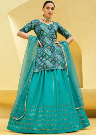 Readymade Turquoise Embroidered Kurti Style Lehenga