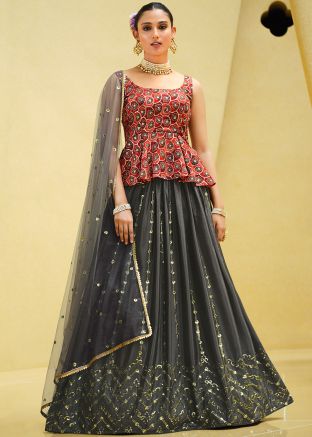 Red Embroidered Peplum Kurti Style Lehenga