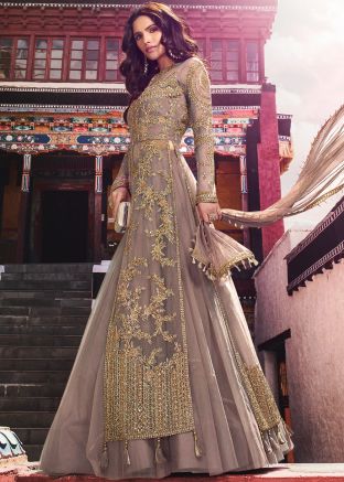 Brown Embroidered Jacket Style Lehenga