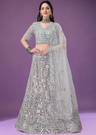 Pink Mirror Work Lehenga Choli In Silk