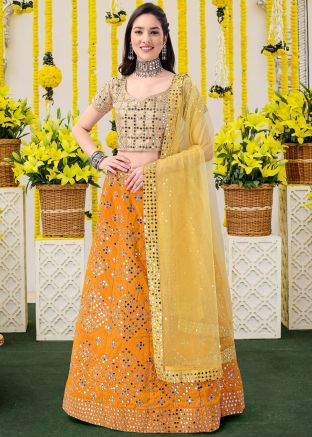 Orange Satin Embroidered Lehenga Choli
