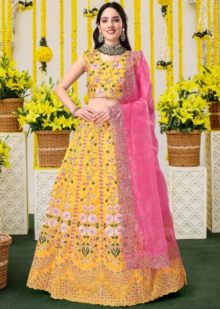 Yellow Sequins Embroidered Satin Lehenga Choli