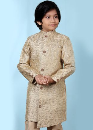 Woven Beige Kids Readymade Sherwani Jacket In Jacquard