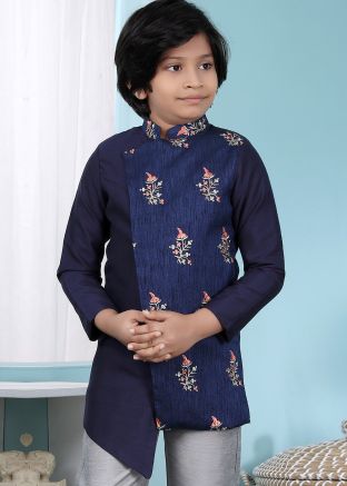 Embroidered Blue Readymade Jacket In Asymmetric Style