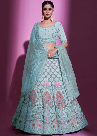 Blue Georgette Lehenga Choli In Thread Embroidery
