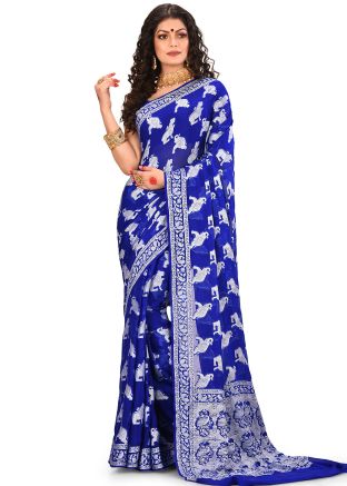 Blue Woven Pure Banarasi Silk Saree With Blouse