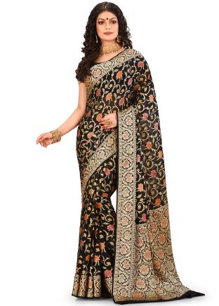Black Floral Woven Pure Banarasi Silk Saree