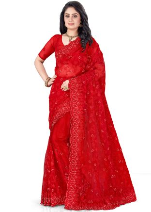 Red Heavy Border Embroidered Bridal Saree