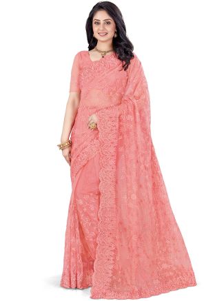 Peach Embroidered Net Heavy Border Saree
