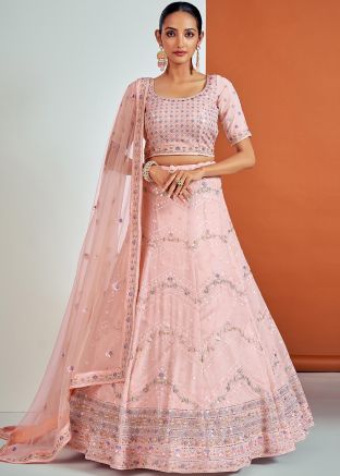 Peach Embroidered Lehenga Choli In Georgette