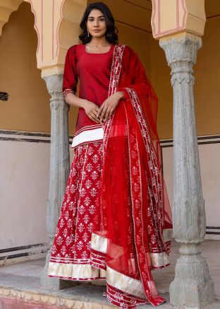 Red Floral Printed Kurti Style Lehenga
